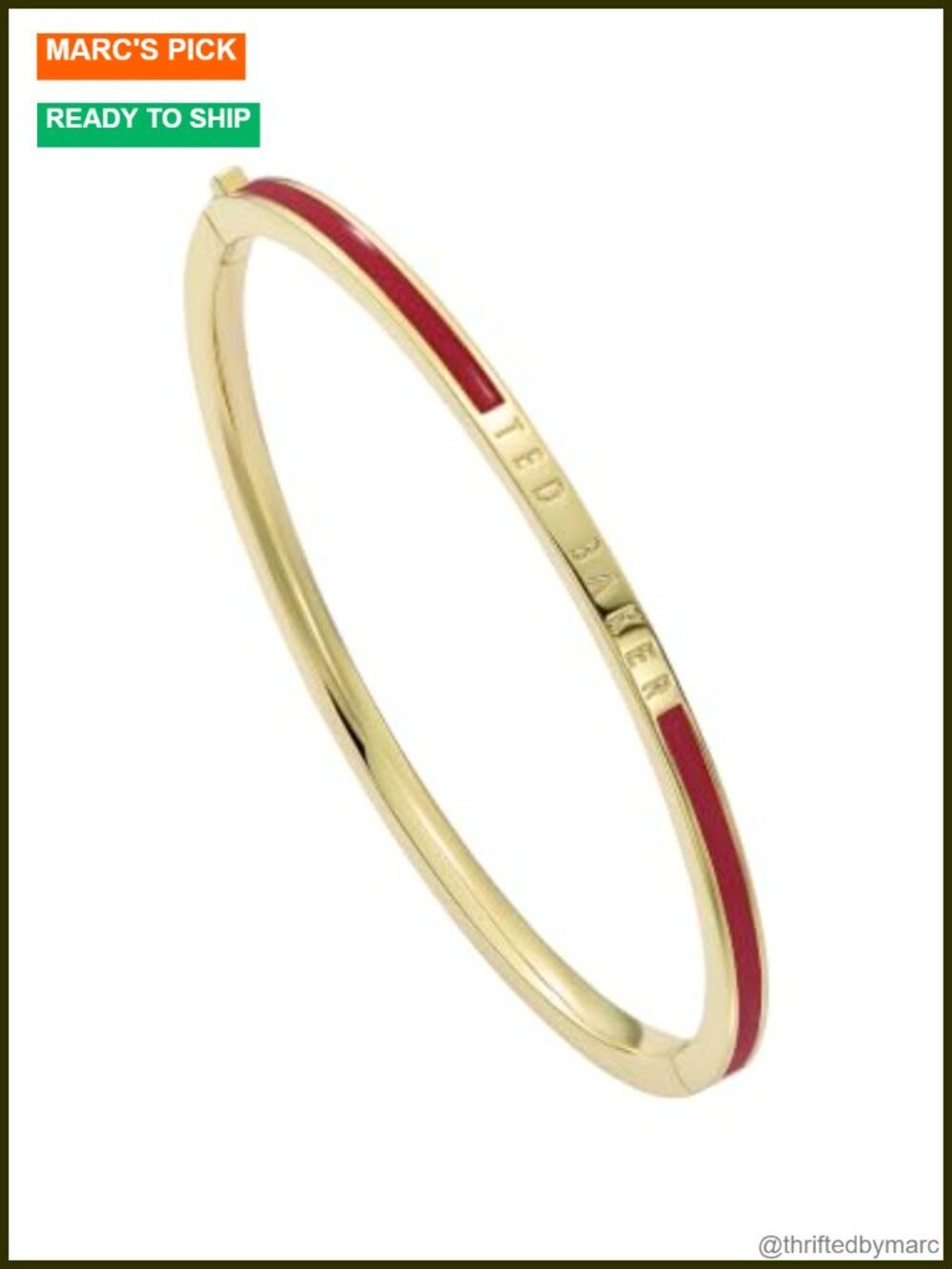 Gold Tone Plated Brass Red Enamel Slim Bangle Bracelet Hinged